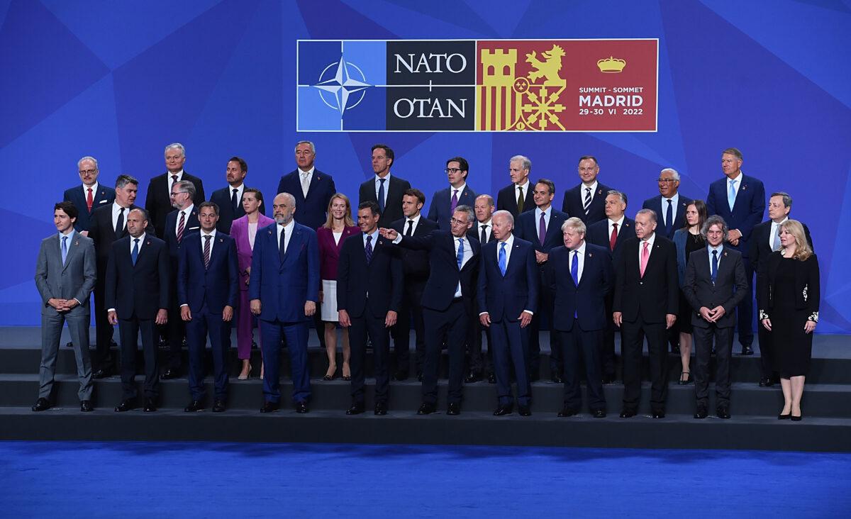 Leaders of member states of NATO line up for a group photograph in Madrid, Spain, on June 29, 2022. (Denis Doyle/Getty Images)