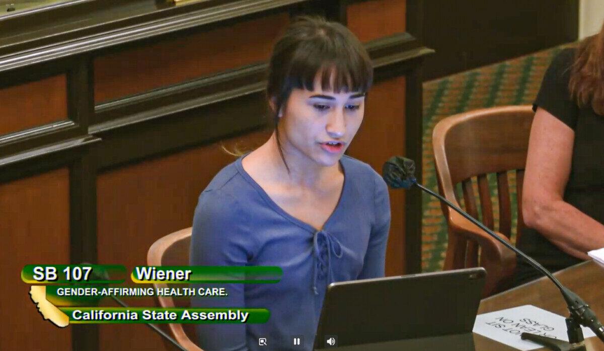  Chloe Cole speaks at an Assembly committee hearing for Senate Bill 107 in Sacramento on June 28, 2022. (Screenshot via California State Senate)