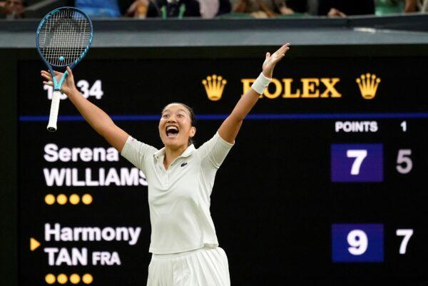 France's Harmony Tan celebrates after beating Serena Williams of the US in a first-round women's singles match on day two of the Wimbledon tennis championships in London, on June 28, 2022. (Alberto Pezzali/AP Photo)