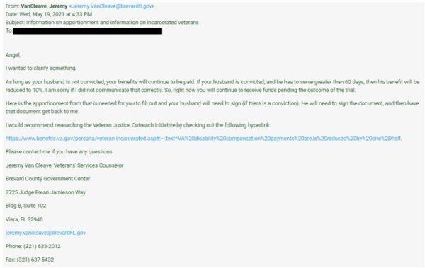 Screenshot of May 19, 2021 email from Jeremy Van Cleave, Veterans' Service Counselor at the Brevard County Government Center in Viera, Florida, to inform Angel and Kenneth Harrelson of "information on appointment and information on incarcerated veterans." (Courtesy of Angel Harrelson)