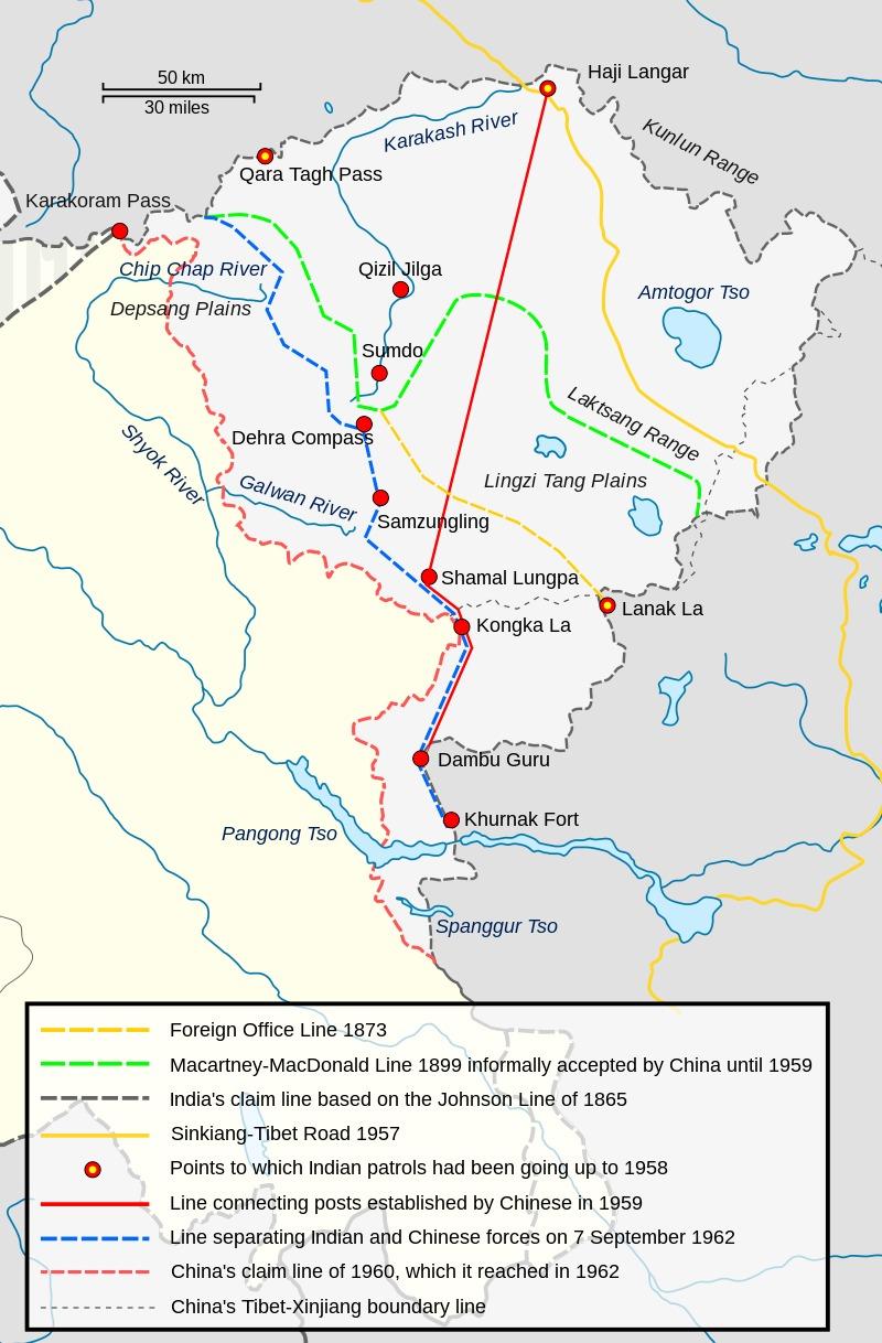 This map shows how the claim lines between China and India changed in the region, including Aksai China and Ladakh. (Wikimedia Commons)