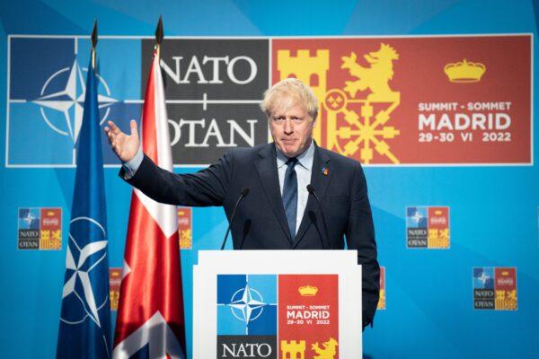 Prime Minister Boris Johnson holds a news conference at the end of the NATO summit in Madrid, Spain, on June 30, 2022. (Stefan Rousseau /PA Media)