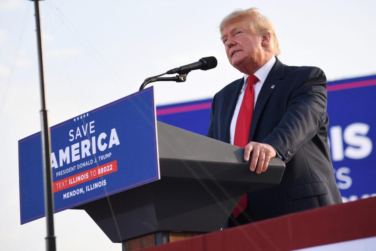 Former U.S. President Donald Trump gives remarks during a Save America Rally at the Adams County Fairgrounds in Mendon, Illinois, on June 25, 2022. (Michael B. Thomas/Getty Images)