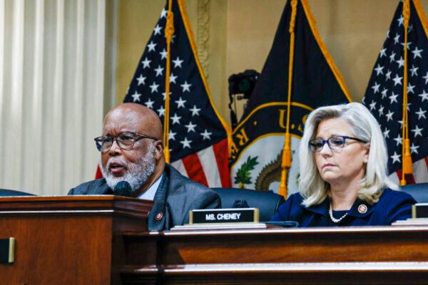 Rep. Bennie Thompson (D-Miss.), chair of the House Jan. 6 panel, delivers closing remarks alongside Vice Chair Rep. Liz Cheney (R-Wyo.) during the sixth hearing on the Jan. 6 investigation in the Cannon House Office Building in Washington on June 28, 2022. (Anna Moneymaker/Getty Images)