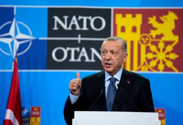 Turkish President Recep Tayyip Erdogan speaks during a media conference at a NATO summit in Madrid, on June 30, 2022. (Manu Fernandez/AP Photo)