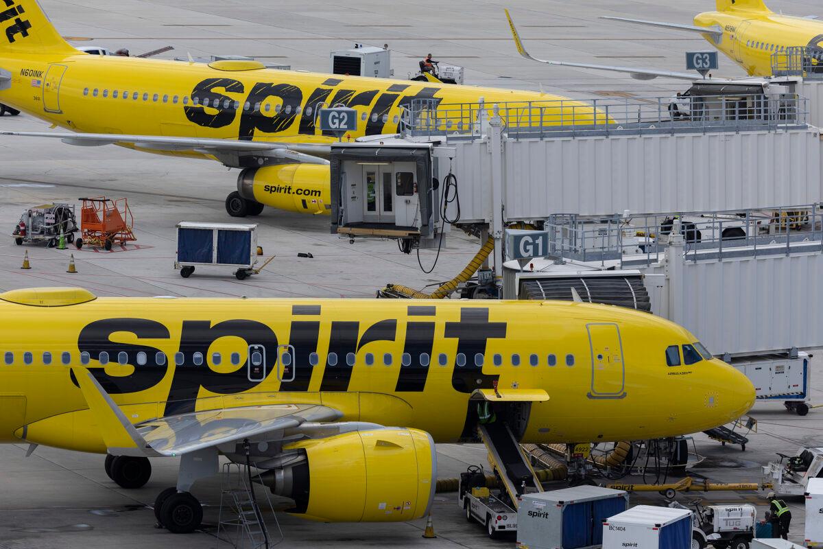 Spirit Airlines planes are prepared for flight at the Fort Lauderdale–Hollywood International Airport in Fort Lauderdale, Fla., on May 16, 2022. (Joe Raedle/Getty Images)