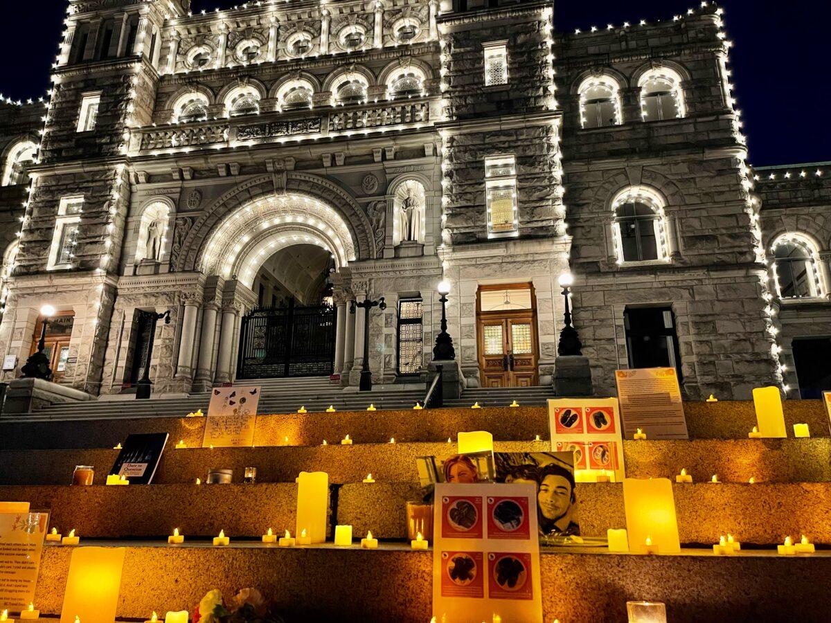 Items of tribute are seen at a candlelight vigil to honour those who lost their lives or were injured by COVID-19 vaccines or mandates, held by the Canada Health Alliance and Vaccine Choice Canada, in Victoria, B.C., on June 18, 2022. (Courtesy Vaccine Choice Canada)