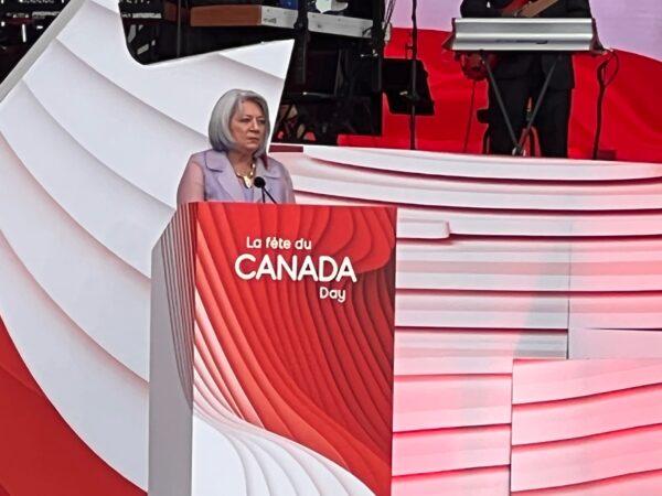 Governor General Mary Simon speaks at the Canadian War Museum in Ottawa to mark Canada Day on July 1, 2022. (Annie Wu/NTD)