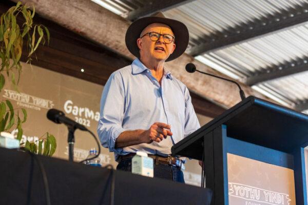 Australian Prime Minister Anthony Albanese speaks during the Garma Festival at Gulkula in East Arnhem, Australia, on July 30, 2022. (Photo by Tamati Smith/Getty Images)