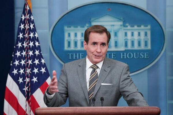 National Security Council coordinator for strategic communications John Kirby answers questions during the daily briefing at the White House on Aug. 1, 2022. (Win McNamee/Getty Images)