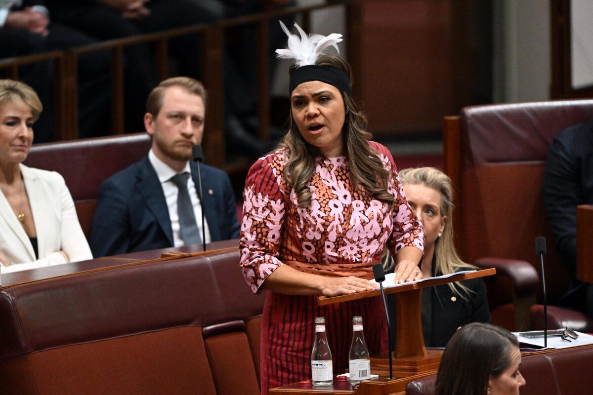 Country Liberal Party Senator Jacinta Price makes her maiden speech in the Senate chamber at Parliament House in Canberra, Australia, on July 27, 2022. (AAP Image/Mick Tsikas)
