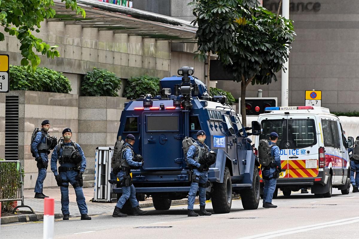 One of the Hong Kong police’s new anti-riot armored vehicles, “Saber-toothed Tigers,” parked outside the Hong Kong Convention and Exhibition Centre. (Yu Gang/ The Epoch Times)