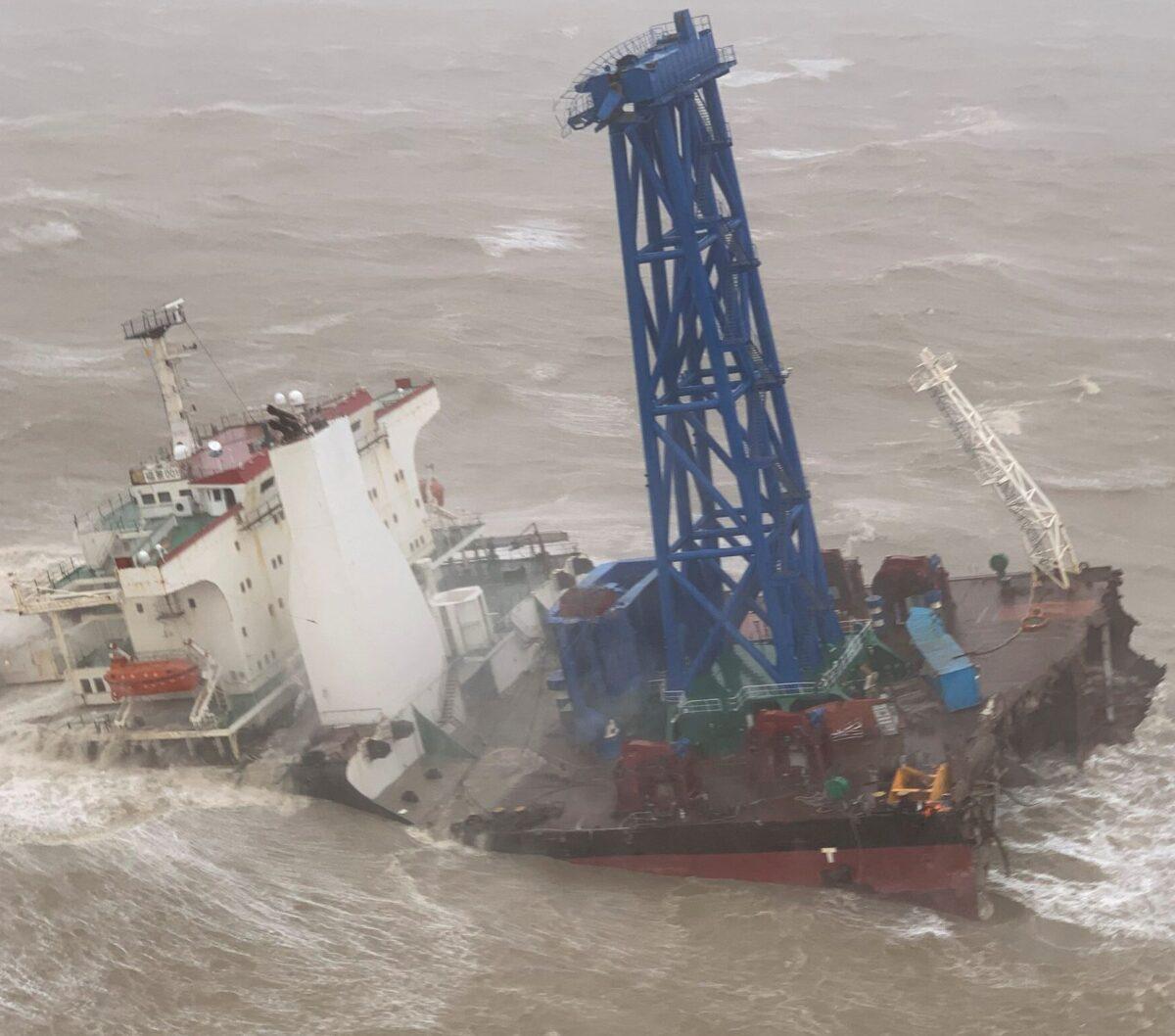 A vessel sinking after it snapped in two as tropical storm Chaba passed through, in waters off Hong Kong on July 2, 2022. (Hong Kong Government Flying Service/Handout via Reuters)