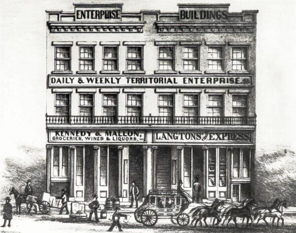 An 1864 lithograph<br/>of the Territorial Enterprise Building. (Courtesy of Mackay School of Mines. Restored by Maria Coulson)