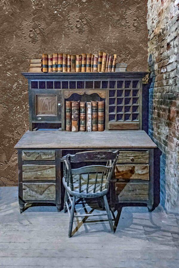 Twain’s presumed desk in the Territorial Enterprise. It was rebuilt following the Great Fire of 1875. (Maria Coulson)