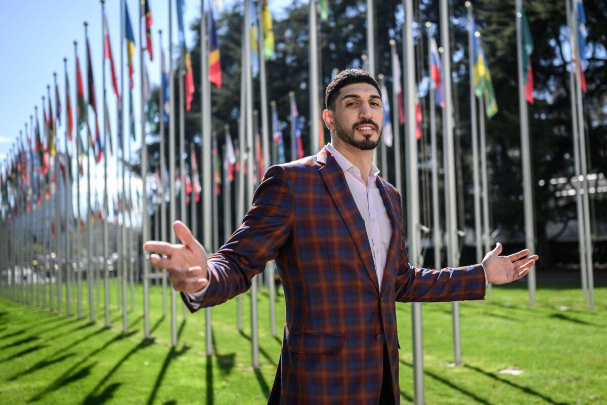 American basketball player Enes Kanter Freedom poses during an interview with AFP at the United Nations Office in Geneva on April 5, 2022. - Enes Kanter Freedom, whose human rights advocacy has ruffled feathers, hopes to bend UN human rights chief Michelle Bachelet's ear on Thursday about her forthcoming China visit. (Fabrice Coffrini/Getty Images)