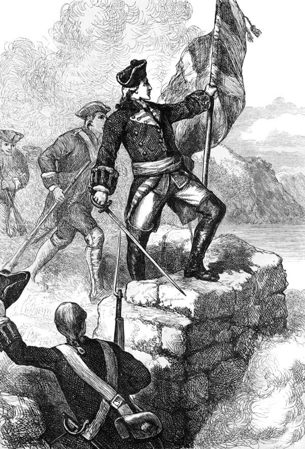 An 18th- century engraving of Col. Washington planting the British flag at Fort Duquesne during the Forbes Expedition of 1758. (Andrew Howe/ E+/Getty Images)