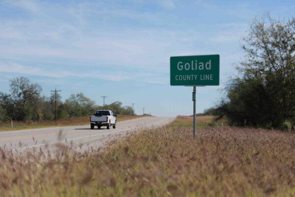 A sign depicts the Goliad County line in Texas, on Nov. 23, 2021. (Charlotte Cuthbertson/The Epoch Times)