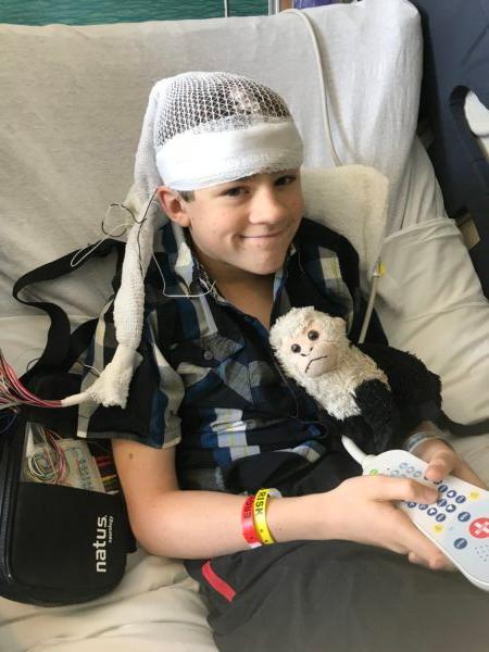 Luke Giuffre, 10 years old in hospital with EEG monitor on. (Courtesy of Beth Giuffre)