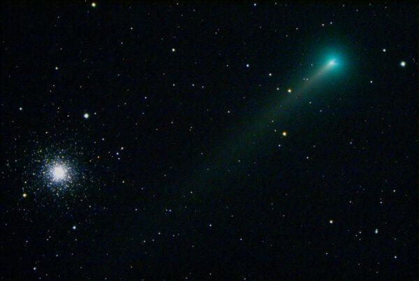 Comet Leonard passes the globular cluster M3, December 2021. (Courtesy of Mark Lovik)