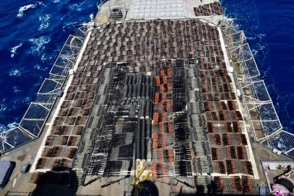 Weapons that the Navy described as coming from a hidden arms shipment aboard a stateless dhow seen aboard the guided-missile cruiser USS Monterey on May 8, 2021. (U.S. Navy via AP)
