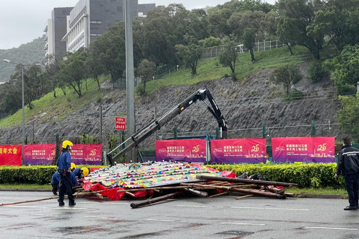 Exhibition Banners were damaged by storms near the Chinese University of Hong Kong on July 2, 2022. (TM Chan/The Epoch Times)