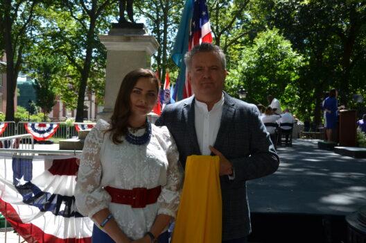 Sergiy Kyslytsya (Right), Ukraine's ambassador to the United Nations and Iryna Mazur, Honorary Consul of Ukraine in Philadelphia, at the Wawa Welcome America festivities in Philadelphia on July 4, 2022. (Frank Liang/The Epoch Times)
