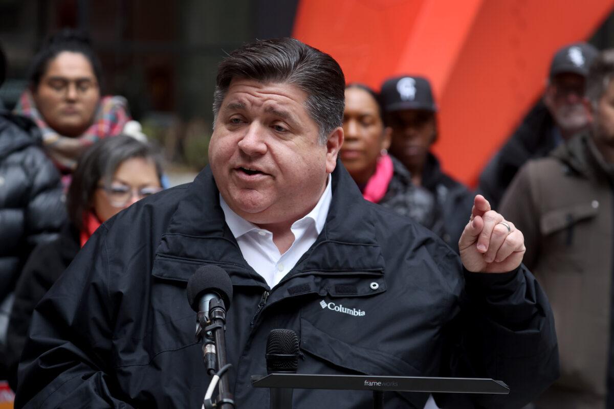 Illinois Gov. J.B. Pritzker speaks during a rally at Federal Building Plaza in Chicago on April 27, 2022. (Scott Olson/Getty Images)
