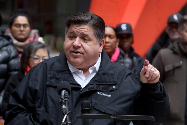 Illinois Gov. J.B. Pritzker speaks at a rally at the Federal Building Plaza in Chicago on April 27, 2022. (Scott Olson/Getty Images)
