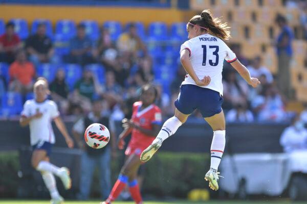 Alex Morgan of United States scores her team's first goal during the match between United States and Haiti as part of the 2022 Concacaf W Championship at Universitario Stadium, in Monterrey, Mexico, on July 04, 2022. (Azael Rodriguez/Getty Images)