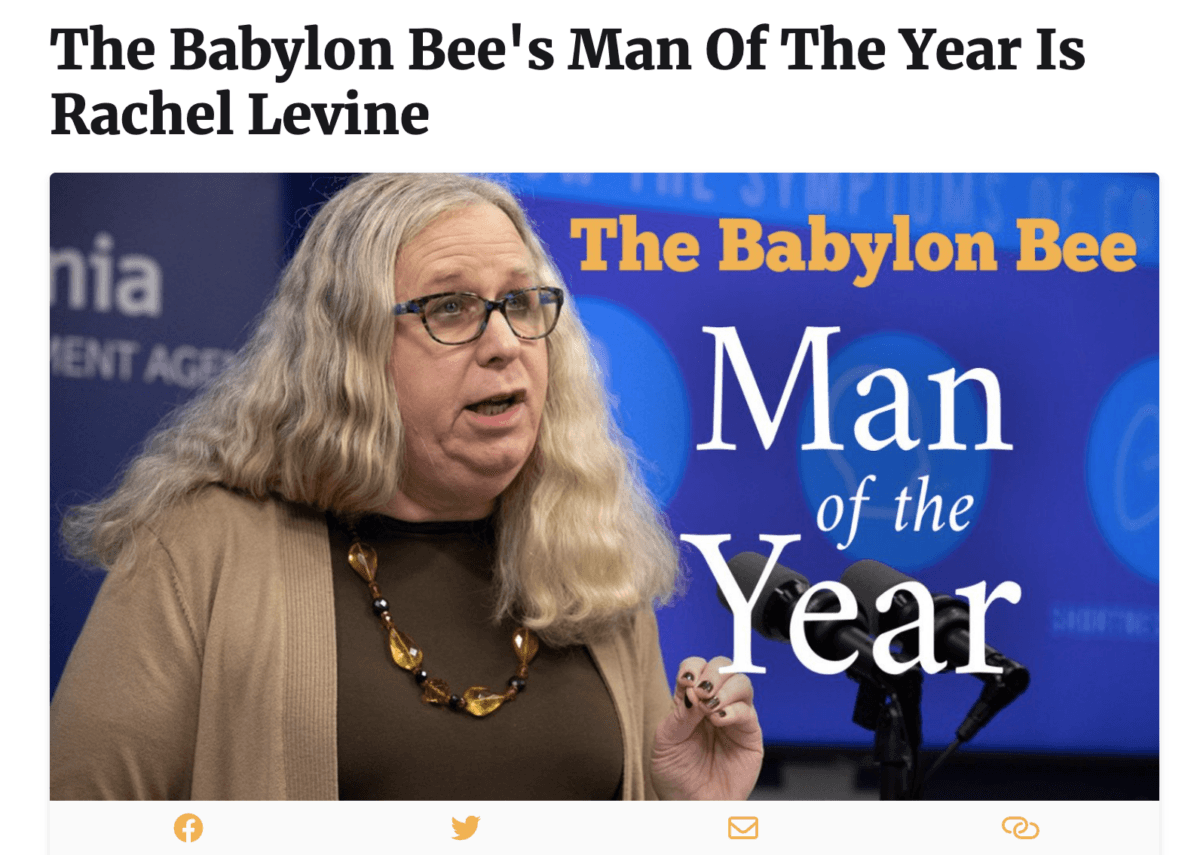The Babylon Bee website shows U.S. Assistant Secretary for Health Rachel Levine, as “Man of the Year” in one of its headlines. (Screenshot via The Epoch Times)