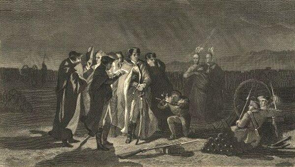 Lt. Col. Washington holds night council at Fort Necessity, an illustration by John McNevin; from a book by Washington Irving. The Darlington Collection of Engravings at the University of Pittsburgh. (Public Domain)