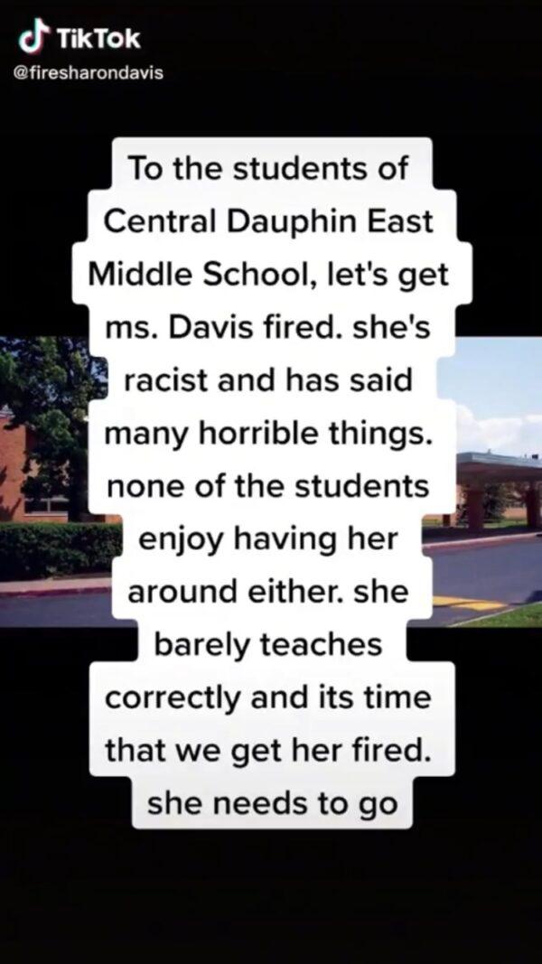 A student at Central Dauphin East Middle School in Harrisburg, Pa., attempted to get a teacher fired after a discussion about standing for the Pledge of Allegiance offended the student. (@firesharondavis/TikTok)