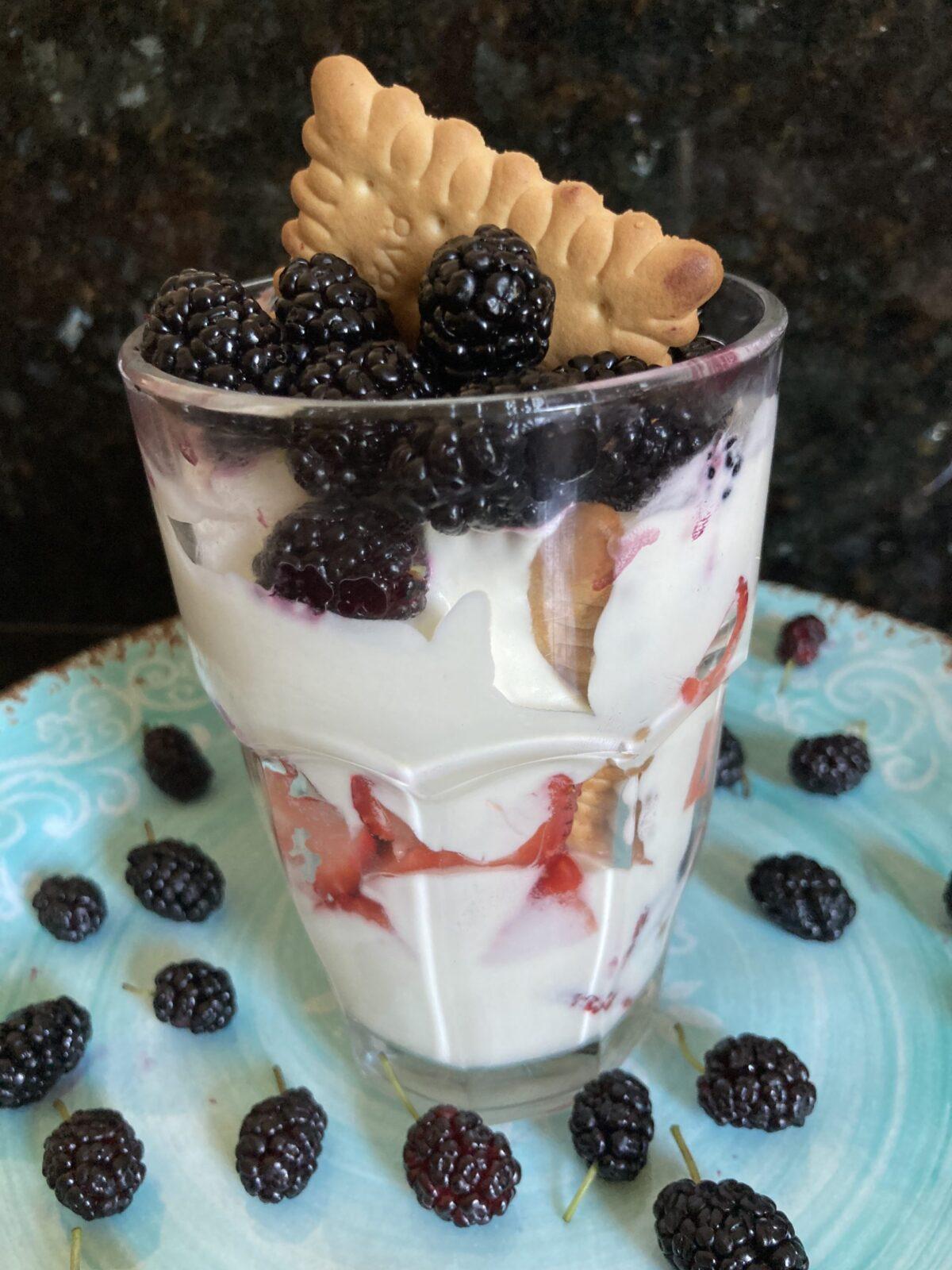 A mix of home-gathered berries, vanilla cookies, and rich labne push this parfait into shortcake territory. (Ari LeVaux)