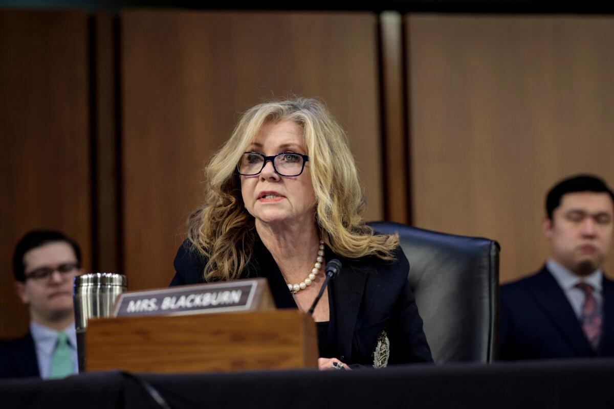 Sen. Marsha Blackburn (R-Tenn.) speaks during a Senate Judiciary Committee business meeting to vote on Supreme Court nominee Judge Ketanji Brown Jackson in Washington on April 4, 2022. (Anna Moneymaker/Getty Images).