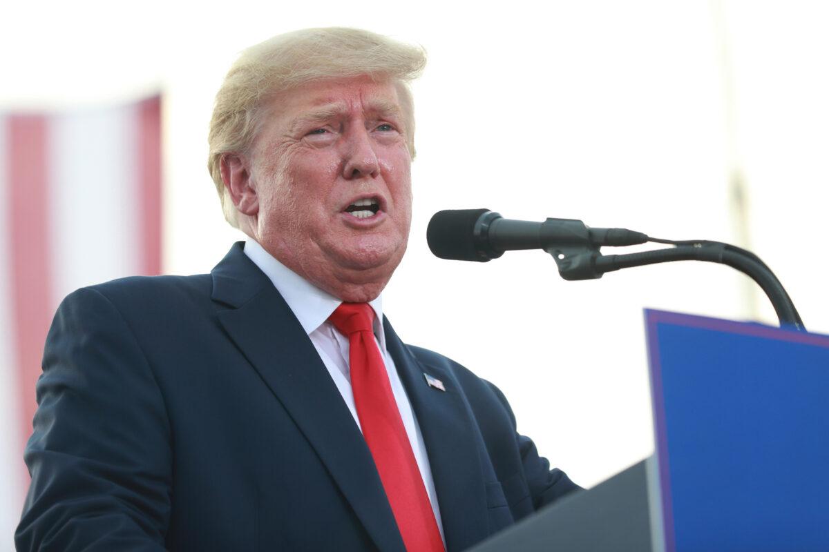 Former U.S. President Donald Trump gives remarks during a Save America Rally at the Adams County Fairgrounds in Mendon, Illinois, on June 25, 2022. (Michael B. Thomas/Getty Images)