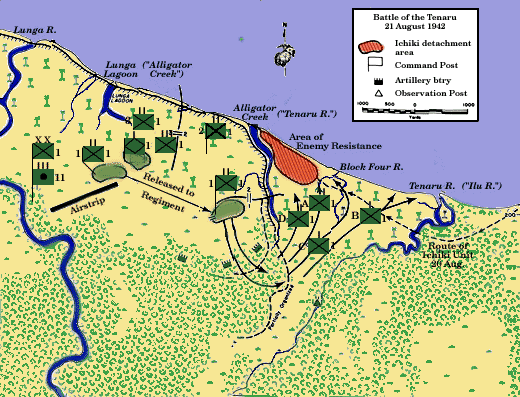 Allied Lunga perimeter and Battle of the Tanaru River, Guadalcanal, on Aug. 21, 1942. (Public Domain)