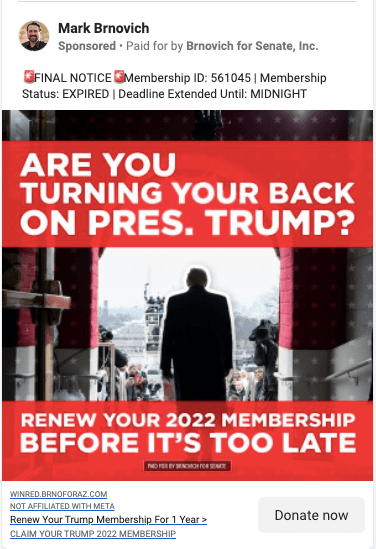 Lawyers for the Save America PAC have said ads like this one that ran on Facebook in December 2021 and January are unauthorized and not allowed. (Facebook)