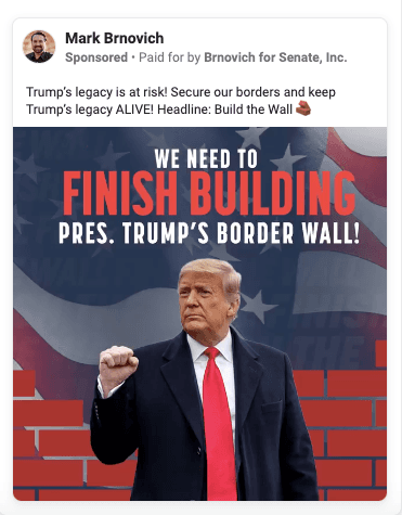 An undated image of former President Donald Trump appeared in this November ad for the Brnovich for Senate campaign. (Facebook)