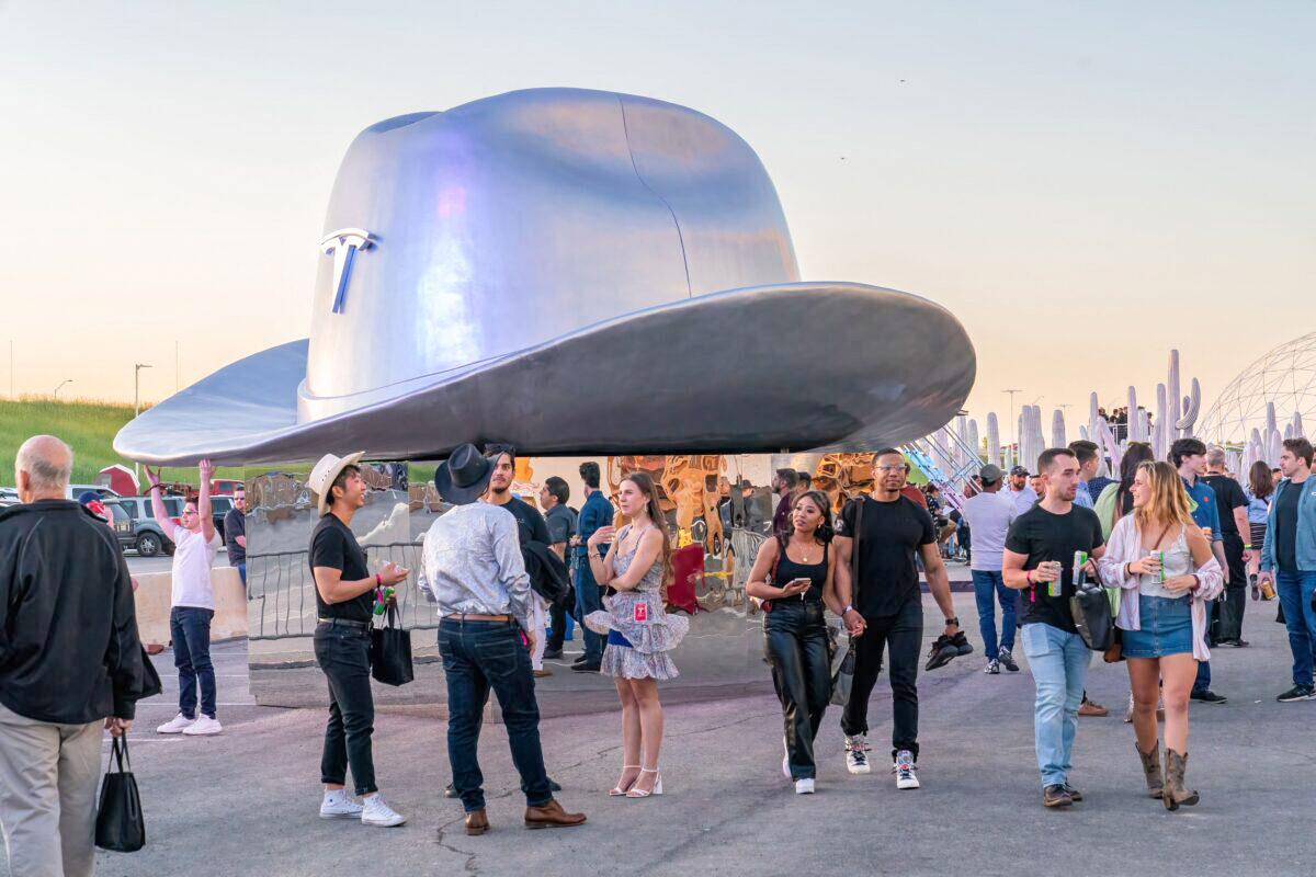 A giant cowboy hat is on display outside the Tesla Giga Texas manufacturing facility during the "Cyber Rodeo" grand opening party on April 7, 2022 in Austin, Texas. (Suzanne Cordiero/AFP via Getty Images)