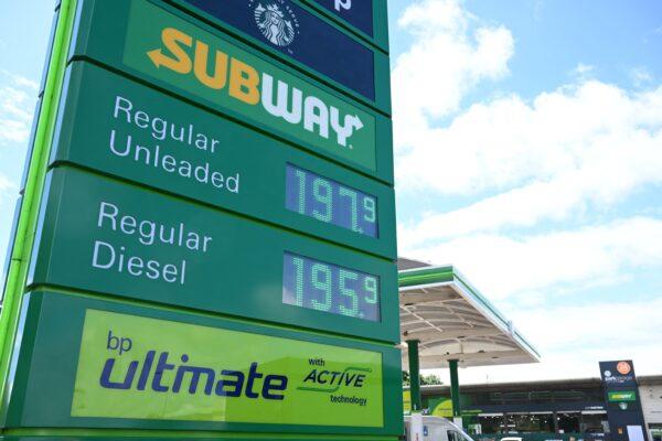 The price of diesel and unleaded petrol fuels are displayed on a sign outside a BP petrol station in Wigan, northwest England, on June 8, 2022. (Paul Ellis/AFP via Getty Images)