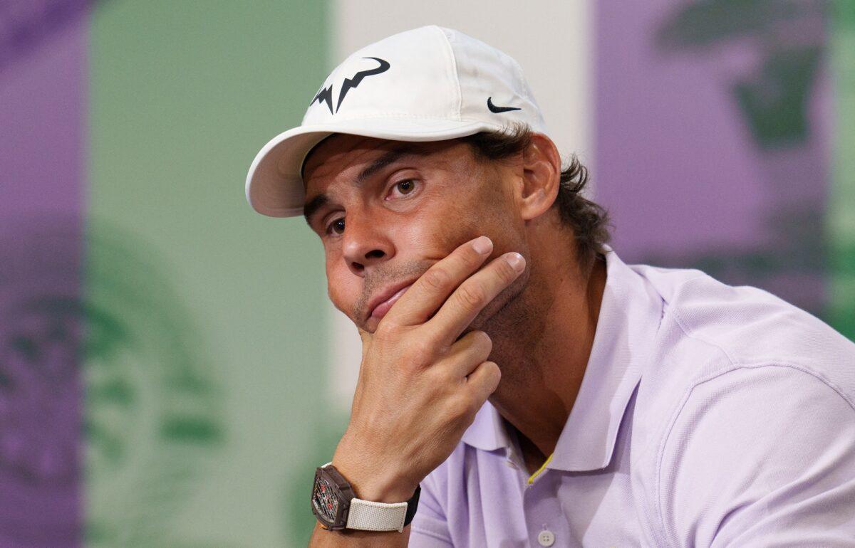 Spain's Rafael Nadal during a press conference after withdrawing from his semi-final match at All England Lawn Tennis and Croquet Club in London on July 7, 2022. (Joe Toth/Pool via Reuters)