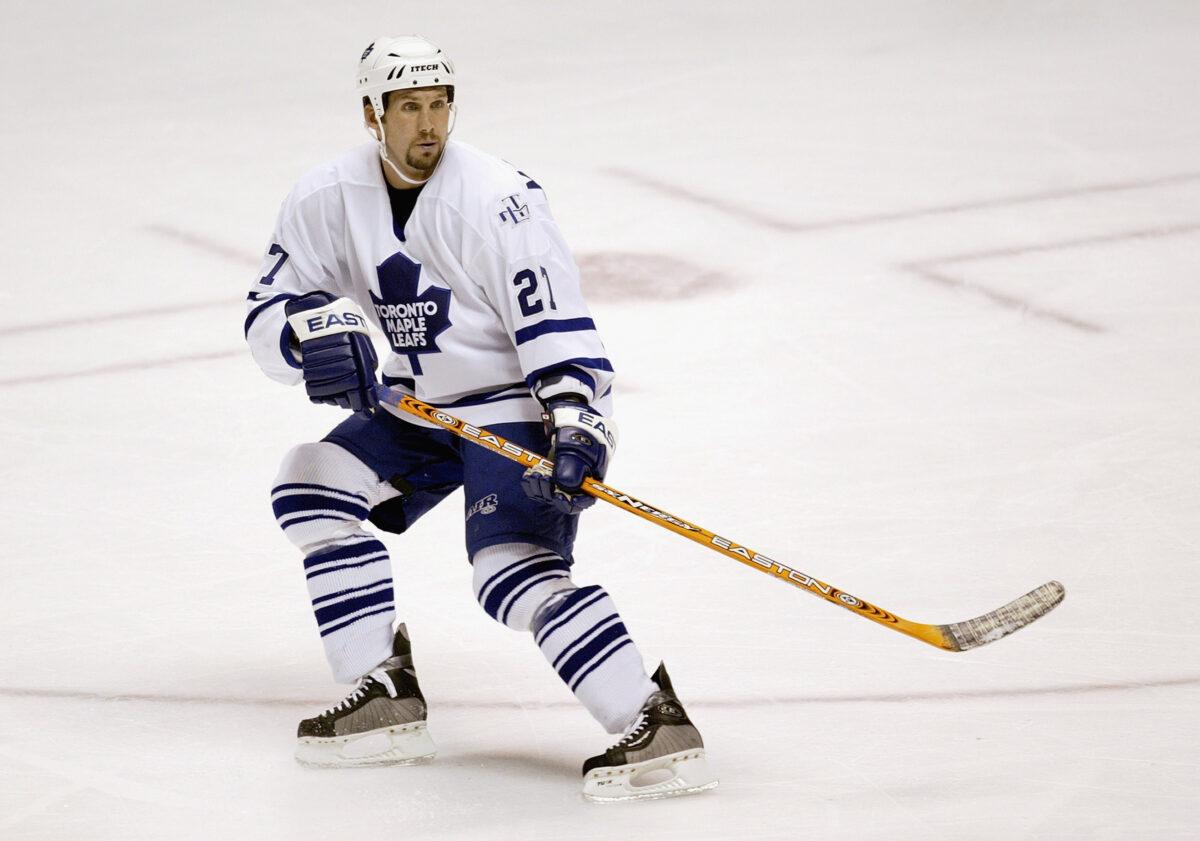 Defenseman Bryan Marchment (27) of the Toronto Maple Leafs looks for a pass against the New Jersey Devils during their NHL game at the Continental Airlines Arena in East Rutherford, N.J., on Oct. 16, 2003. (Chris Trotman/Getty Images)