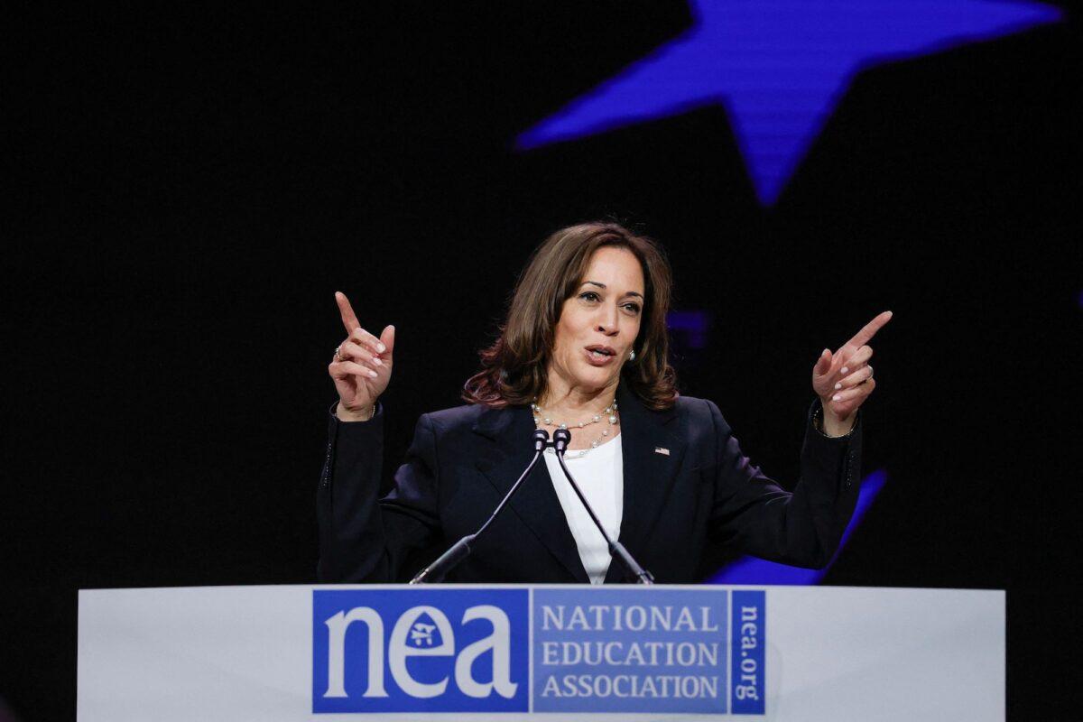 Vice President Kamala Harris speaks at the National Education Association 2022 Annual Meeting and Representative Assembly at the McCormick Place Convention Center in Chicago on July 5, 2022. (Kamil Krzaczynski/AFP via Getty Images)