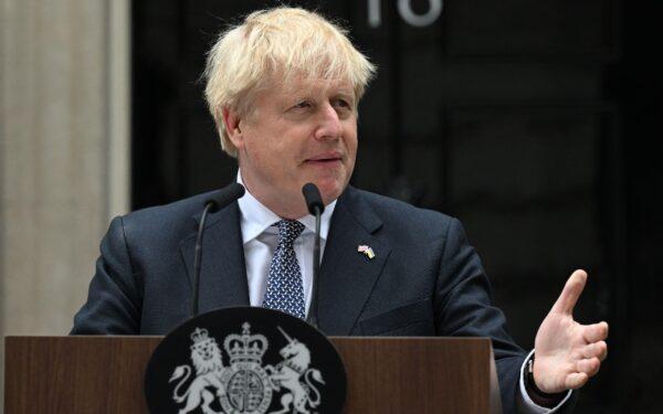 UK Prime Minister Boris Johnson addresses the nation as he announces his resignation outside 10 Downing Street on July 7, 2022. (Justin Tallis/AFP via Getty Images)