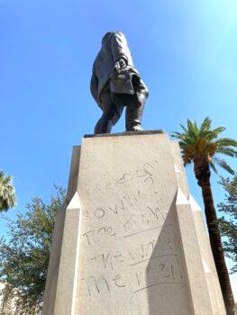Rioters damaged historical monuments with graffiti. (Allan Stein/The Epoch Times)