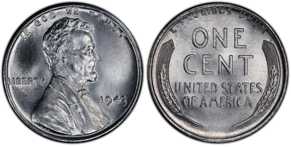 Pennies minted in 1943 were crafted from steel due to WWII-related materials shortages. In mint, uncirculated condition, these pennies command high prices. (Courtesy of Professional Coin Grading Services)