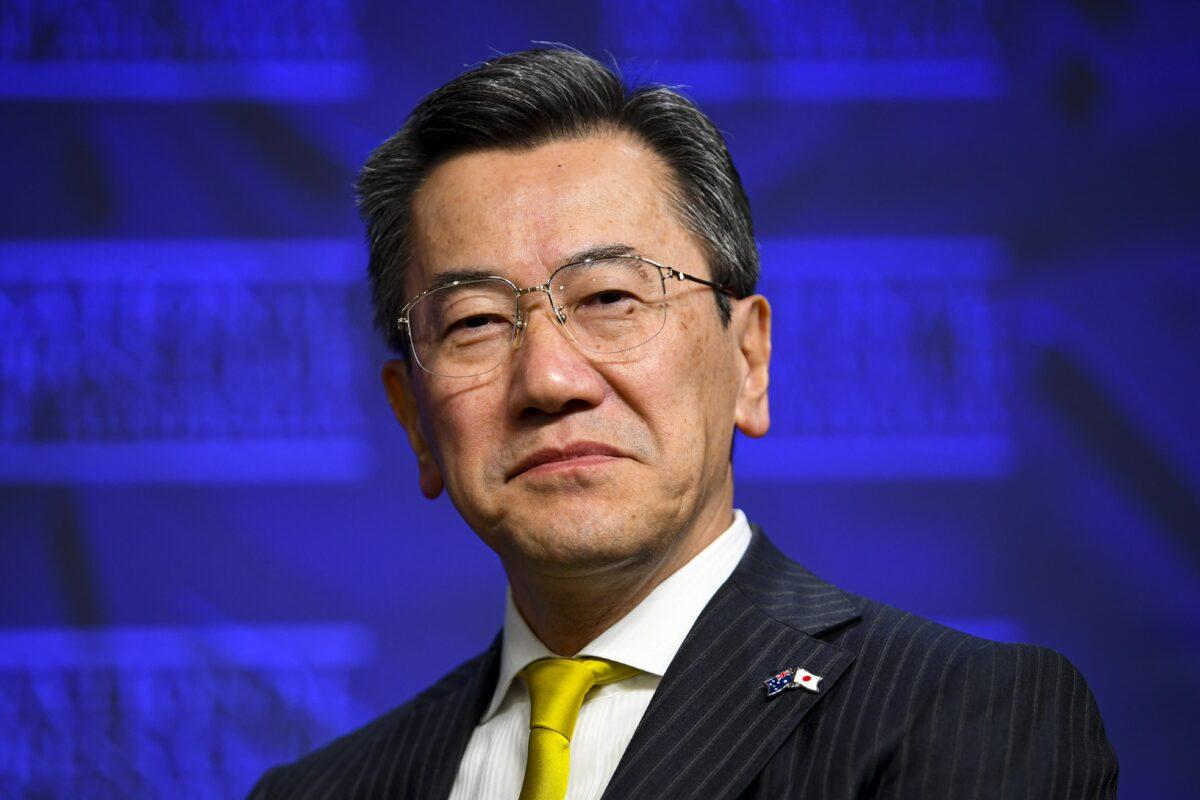 Former Ambassador of Japan Yamagami Shingo addresses the National Press Club in Canberra, on July 21, 2021. (AAP Image/Lukas Coch)