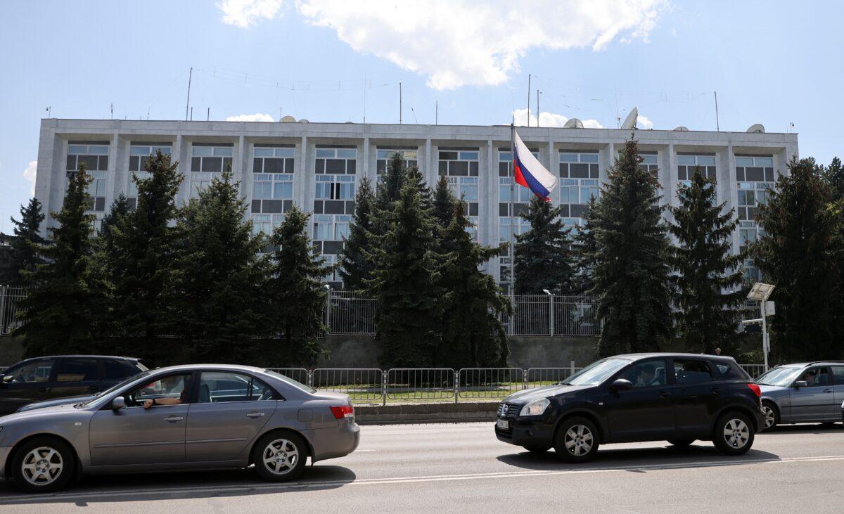 The Russian embassy in Sofia, Bulgaria, on April 29, 2021. (Stoyan Nenov/Reuters)