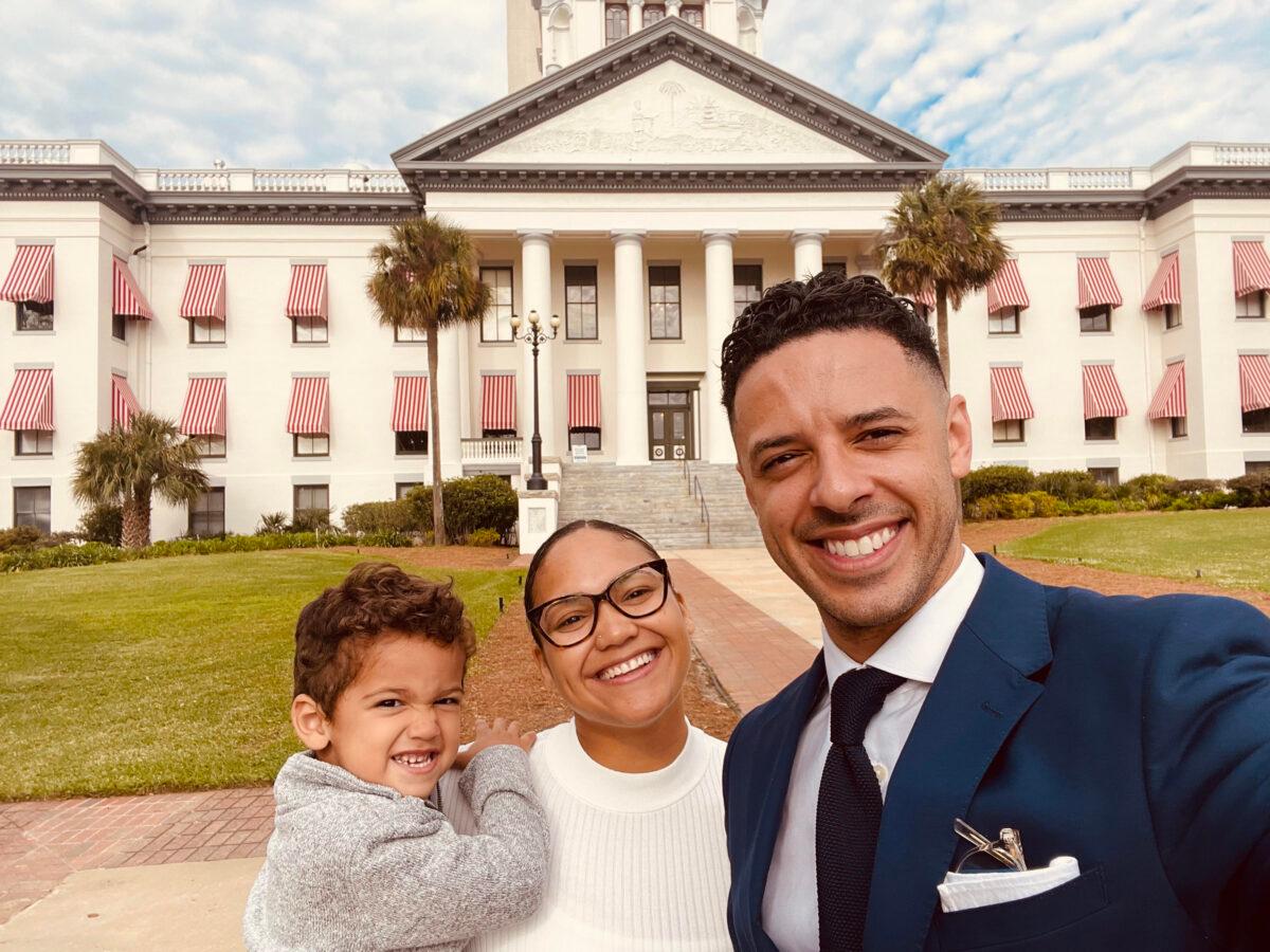  Daniel Foganholi, a candidate for Coral Springs City Commissioner and an America First P.A.C.T member, with his wife, Alyssa, and son, Daniel Jr., at the state capital in Tallahassee, Fla. (Courtesy of Daniel Foganholi)